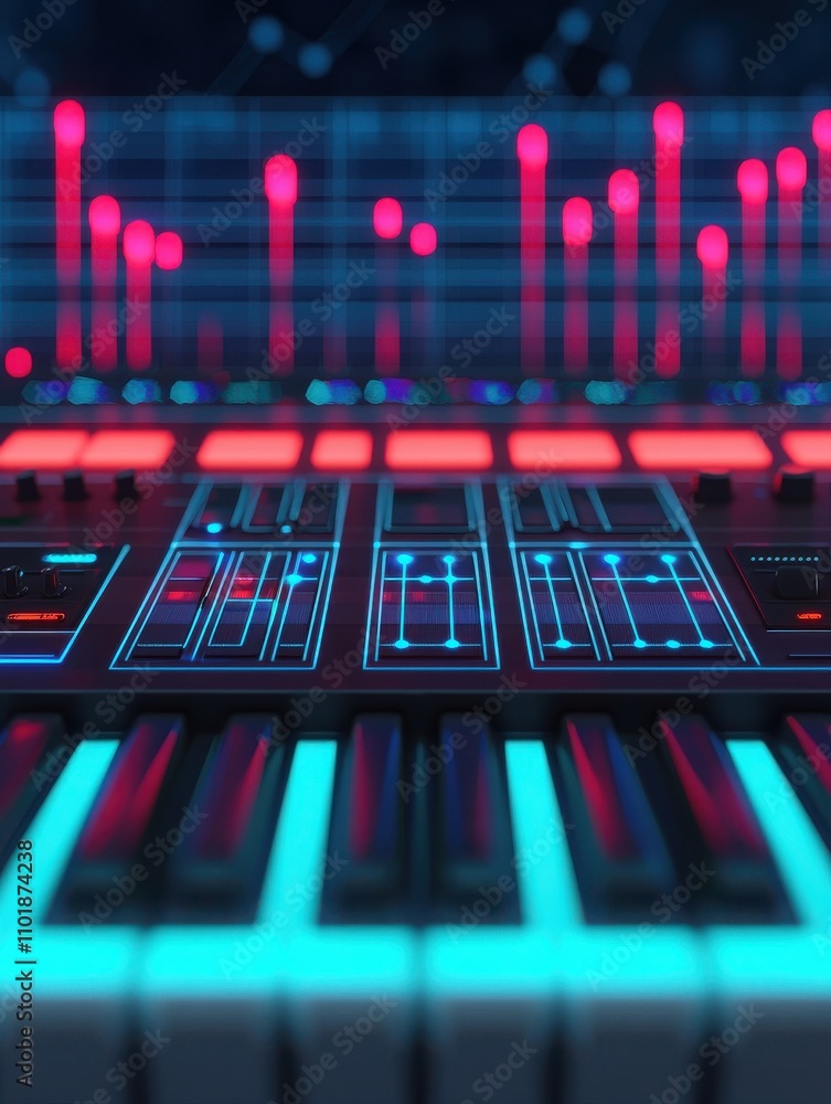 Poster a vibrant synthesizer keyboard illuminated with neon colors, featuring digital interfaces and a back