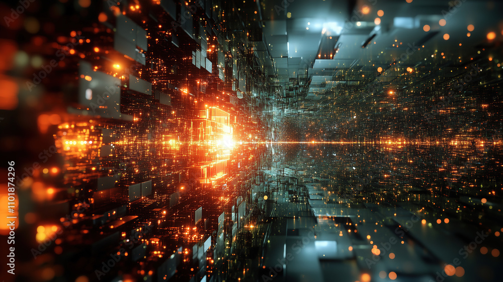 Aufkleber visual representation of a futuristic digital landscape filled with glowing lights and abstract stru