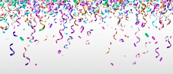 Background with colored confetti and streamers isolated on white background for birthday party or New Year's festivities and copy space