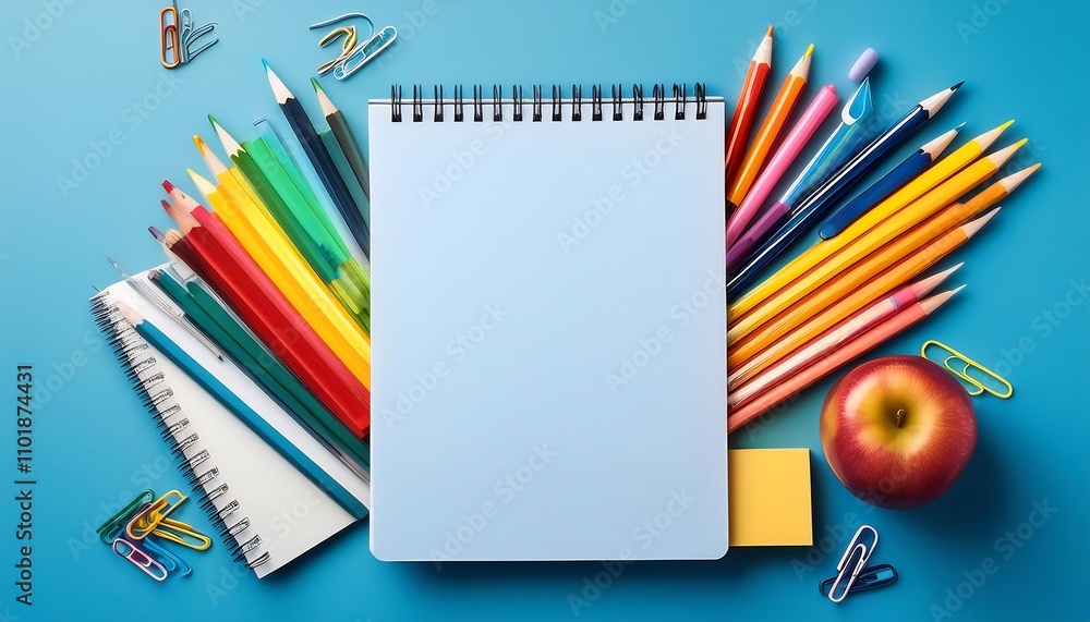 Poster  A top view photo shows an empty notebook with various colorful school supplies against _1(637)