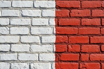 A red and white brick wall with a distinctive white stripe, ideal for use in architectural or...