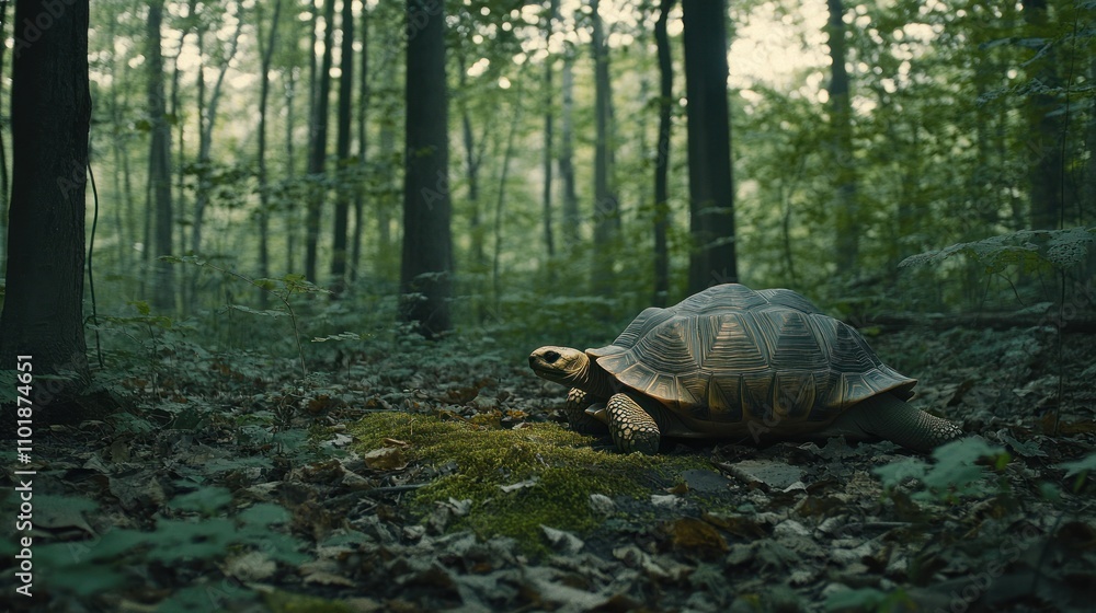 Poster a tortoise resting on moss in a serene forest setting.