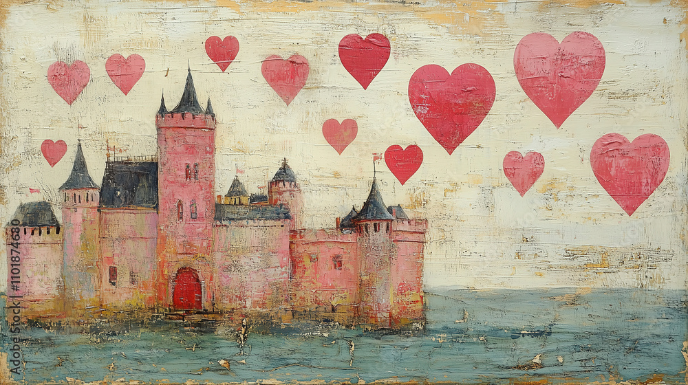 Poster romantic castle with floating hearts in a serene ocean setting at sunset. generative ai