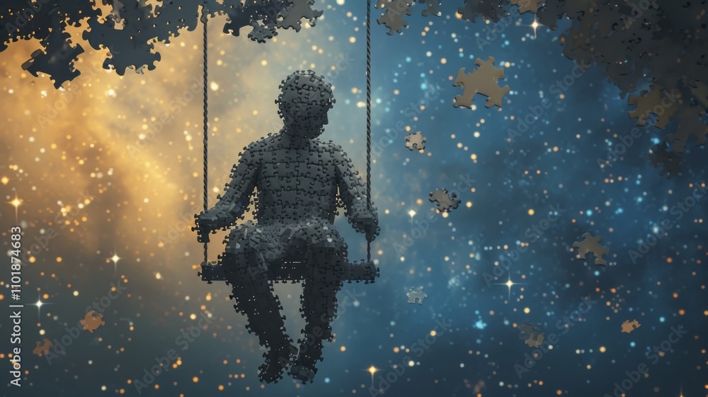 Poster a captivating digital artwork showing a child figure made entirely of puzzle pieces seated on a swin