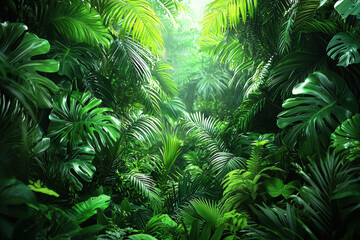 Obraz premium Lush rainforest with dense green foliage and sunlight filtering through. vibrant leaves create serene and tranquil atmosphere, inviting exploration and connection with nature