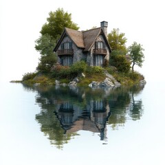 Obraz premium A small house is on a small island in the middle of a lake
