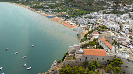Aerial view of the Swabian Castle located in Vieste, Puglia, Italy. In the background is the...