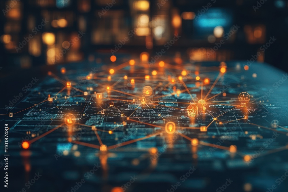 Poster a glowing network of lines and dots connecting on a dark surface, representing global connectivity a