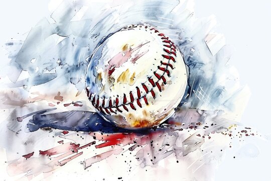 Watercolor illustration of a baseball on the ground, suitable for sports or nostalgic themes
