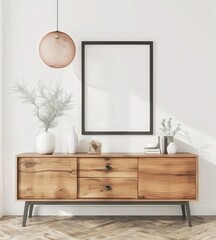 A modern wooden cabinet with two drawers and black metal legs It is placed in a room with a white wall and a large window that lets in natural light There are plants in the room and a framed artwork o