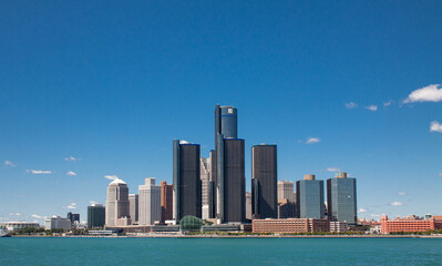 Skyscrapers in downtown Detroit from the Detroit river, Michigan, USA