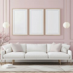 Fototapeta premium A living room interior with a white sofa. three blank frames. and a light pink wall
