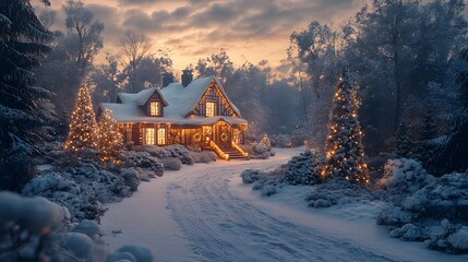 Fototapeta premium Snow-covered winter cottage with glowing windows and Christmas lights, featuring Victorian architecture and snow-covered trees in twilight atmosphere with dramatic lighting effects.