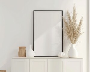 A white cabinet with wooden legs and two drawers sits in front of a white wall with a blank frame hanging above it There are potted plants on each side of the cabinet and a hanging globe light above t