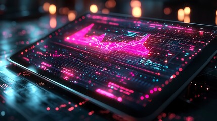 Futuristic Digital Tablet Displaying Real time Profit Gains with Glowing Charts and Graphs