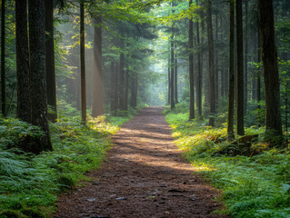 Obraz premium A calm forest trail in morning light, showcasing earthy tones and serenity in a natural setting