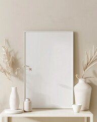 A white vase with dried pampas grass. a blank picture frame. a wooden shelf. and a lamp with a white globe