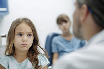 Fototapeta premium A young child sits in a chair facing a doctor for a consultation