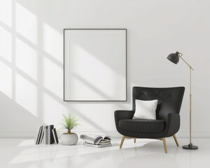 Minimalist living room interior with an empty frame. armchair. books and a floor lamp