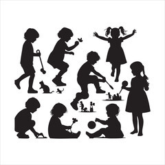 Childs playing silhouette vector. Kids outdoor activity vector. Children jumping silhouette illustration
