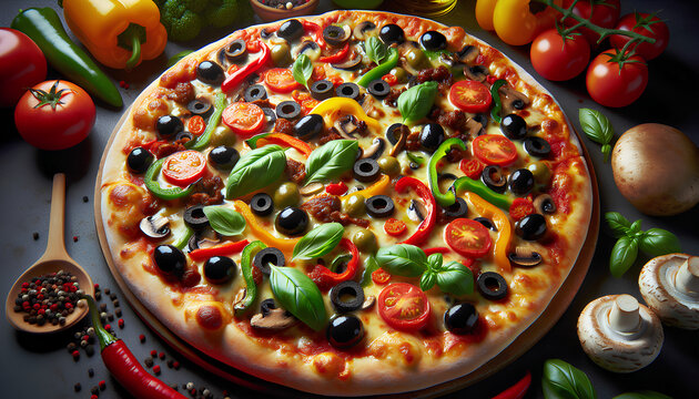 Pizza with olives, cherry tomatoes, meat, mushrooms, basil, pepper, cheese on the table