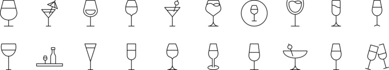 Glass Icon Set for UI, Placards, Books, Apps. Editable Stroke. Suitable for Web Sites, Books, Cards, Apps