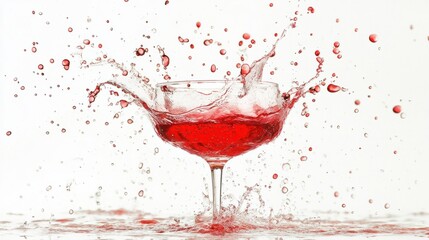 Elegant splash of ruby-red wine champagne inside a stemmed glass, surrounded by dynamic droplets, on white