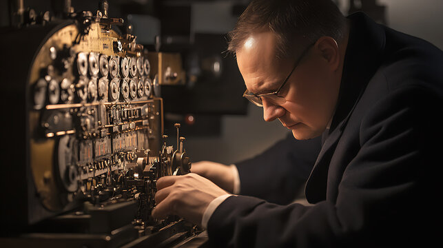  Cryptographer decoding classified messages on an antique Enigma machine (2)