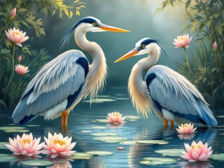 Fototapeta premium The Egyptian Heron, a wading bird, stalks prey in wetlands.