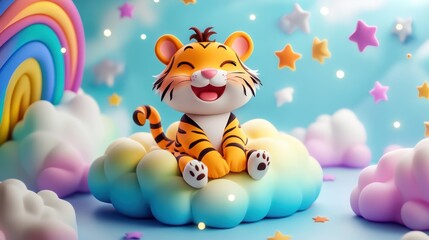 Happy Tiger Cub Sitting on a Rainbow Cloud