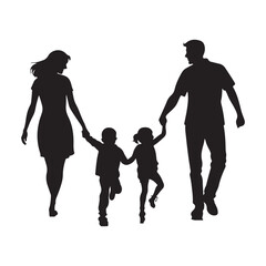 mother and father walking with their children hand by hand vector silhouette isolated on white background.
