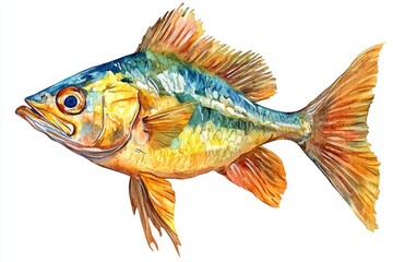 A watercolor painting of a single fish swimming in a calm environment with a white background