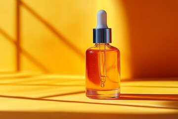 Amber glass cosmetic dropper bottle and orange tulips isolated on white background, serum bottle mockup