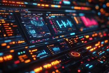 Obraz premium A futuristic digital interface with glowing lines, graphs, and data visualizations on a dark background.