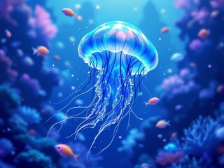 Obraz premium Underwater pixel art. Jellyfish drift, blue sea, soft focus.