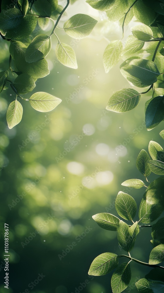 Poster green leaves shimmering in sunlight with a soft bokeh background during summer