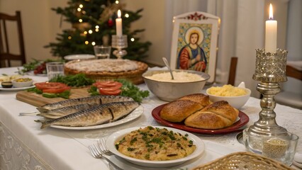 Orthodox Christmas table, a beautifully set table with traditional dishes, festive holiday decorations, spiritual celebration, cultural heritage, seasonal joy, family gathering, Christmas feast