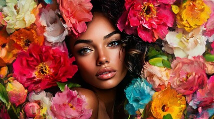 Woman Surrounded by Colorful Flowers - Artistic Portrait