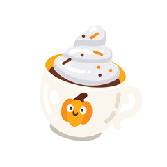 Cup of hot chocolate with marshmallow and pumpkin. Vector illustration