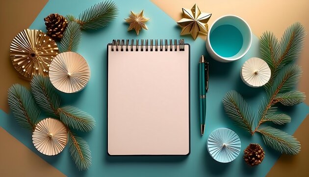  A stylized overhead view depicts a themed setup with decorative elements, notepad, and pen,_1(583)