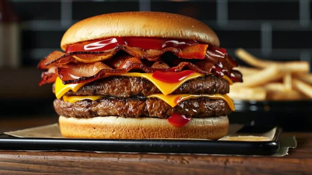 A hearty burger features three juicy beef patties stacked with crispy bacon and melted cheese, topped with ketchup on a toasted bun. Accompanied by a side of golden fries.