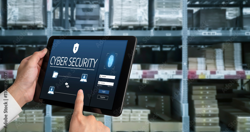 Poster cyber security system on computer screen protect private information snugly from hacker and cyber at
