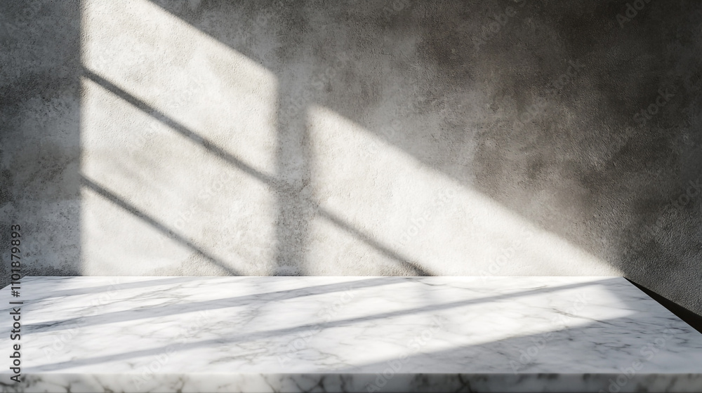 Poster light and shadow interplay on a marble surface in a minimalist interior setting