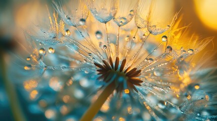 Obraz premium A macro shot of a dandelion flower with water droplets glistening on its surface, great for science or nature-themed designs