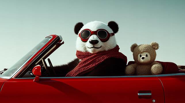 Panda in aviator goggles drives a red convertible with a teddy bear passenger on a sunny day