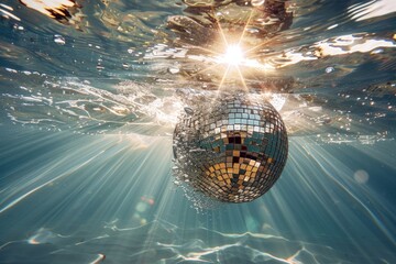 A disco ball floating on the surface of a pool with sunlight reflecting off the water