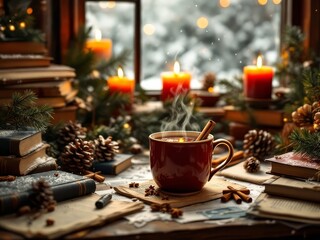 Naklejka premium Warm mulled wine, double-exposed, winter desk.