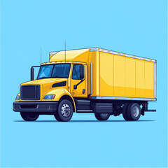 bright yellow delivery truck on blue background, showcasing simple and minimalist design. This vehicle represents efficiency and reliability in transportation