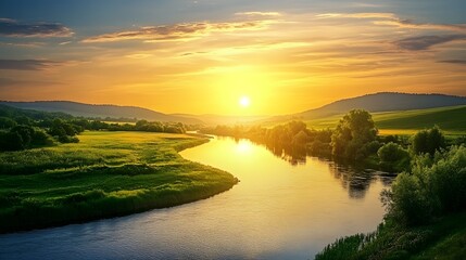 Scenic sunset over a meandering river in a lush green valley.