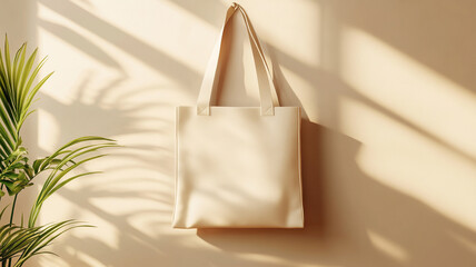 A blank tote bag hanging on the wall